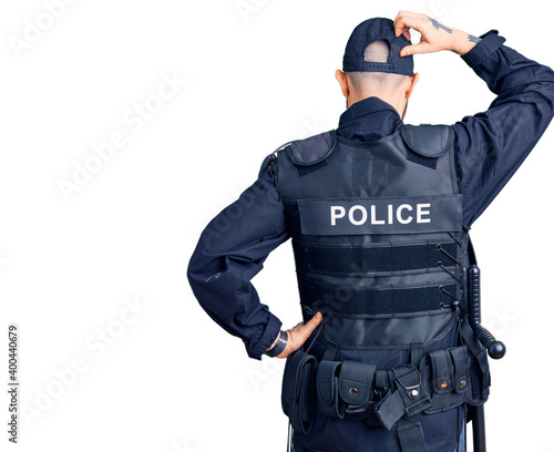 Young handsome man wearing police uniform backwards thinking about doubt with hand on head