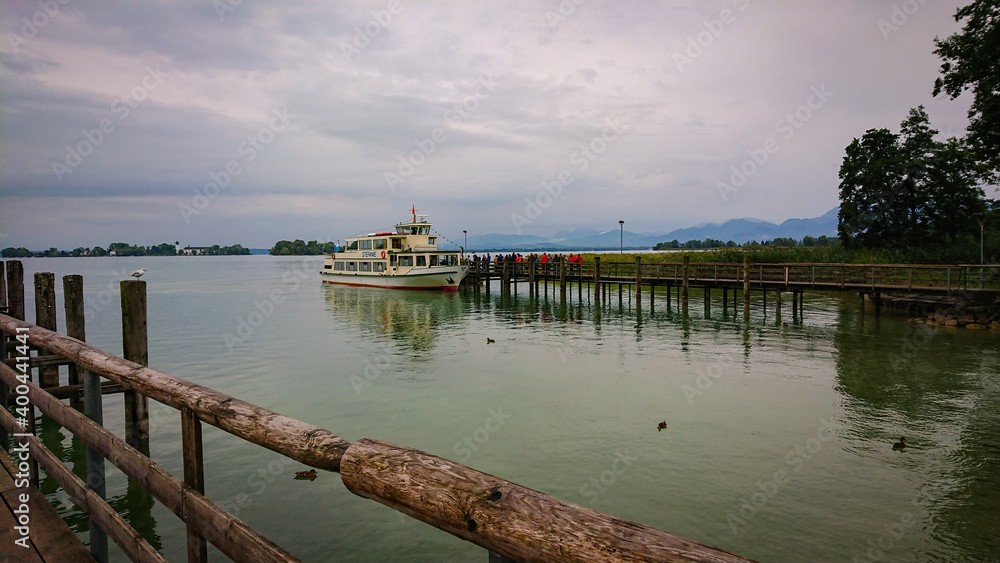 Lake Chiemsee, Bavaria, Germany - August 30, 2018: Tourist ships on the lake that transport tourists