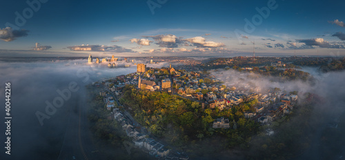 Foggy morning at Cincinnati, Ohio, USA skyline aerial view