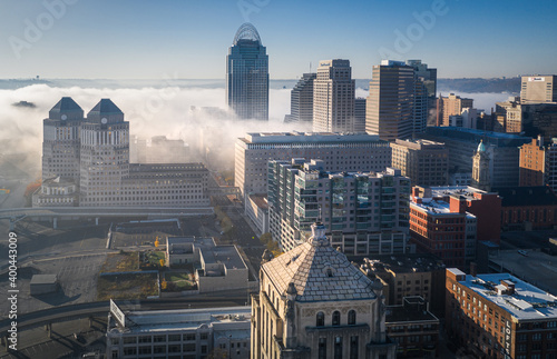 Foggy morning at Cincinnati  Ohio  USA skyline aerial view