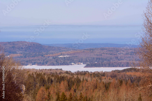 Winter landscape around a lake in Quebec, Canada, in December