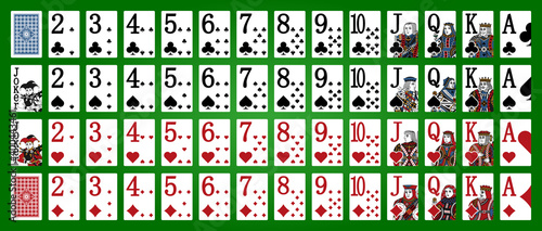 Poker set with isolated cards on green background. Poker playing cards - Full deck - Miniature playing cards for mobile applications