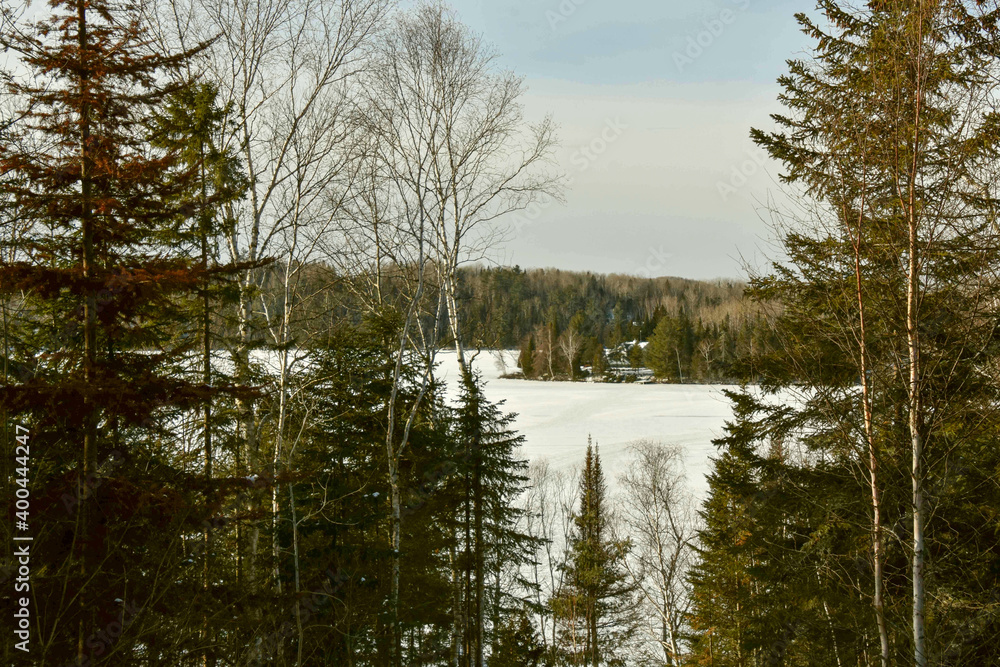 Obraz premium Winter landscape around a lake in Quebec, Canada, in December
