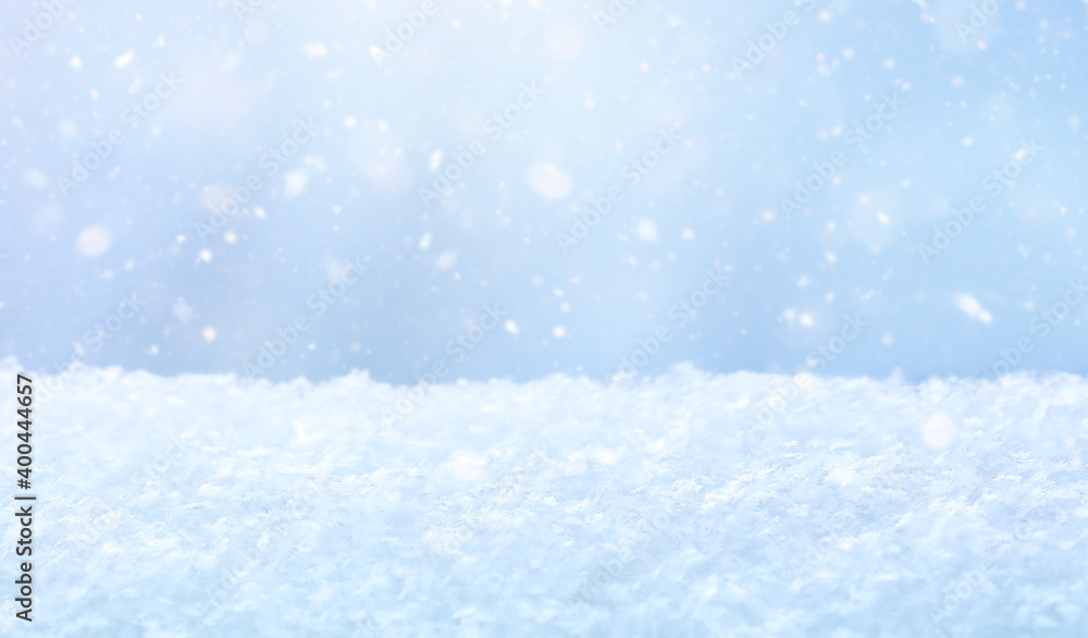 Christmas background with real snowflakes. Beautiful wintertime holiday scene.