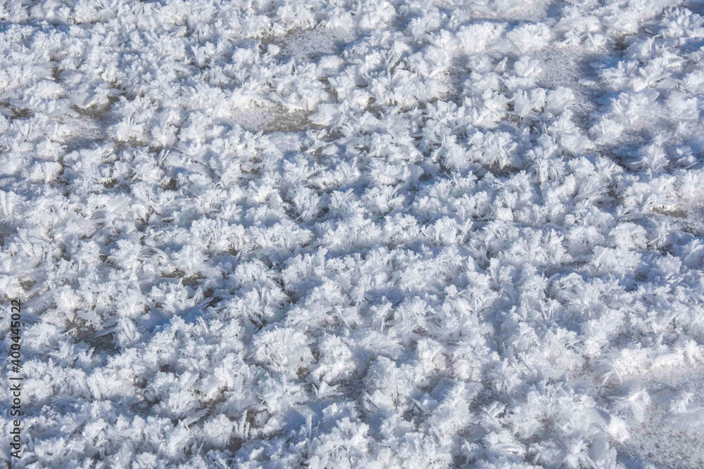 Snow crystals on the ice of a frozen river