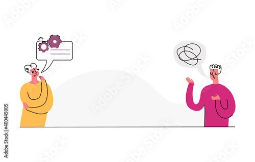 Vector illustration concept discussion, problem solving, brainstorming. Two people are depicted, one saying something stupid, the other telling constructive idea in speech bubble. Empty space for text
