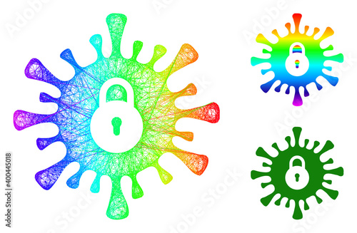 Rainbow colored network infection lockdown, and solid rainbow gradient infection lockdown icon. Hatched carcass flat network abstract symbol based on infection lockdown icon,