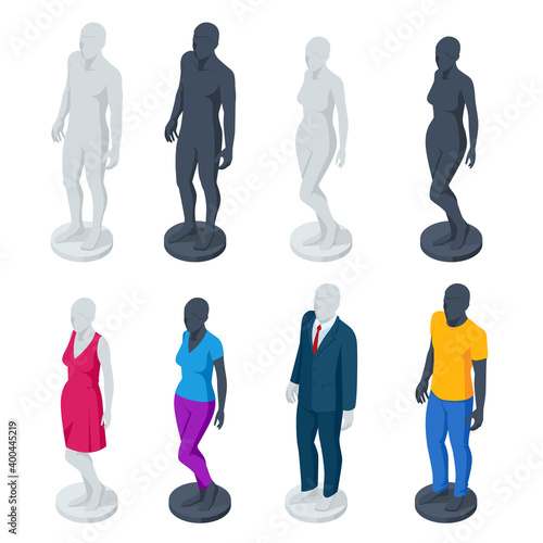 Isometric Adjustable Male and Female Mannequin Full Body. Set of realistic human mannequins isolated on white background. Great for Retail Shops and Clothing Shops