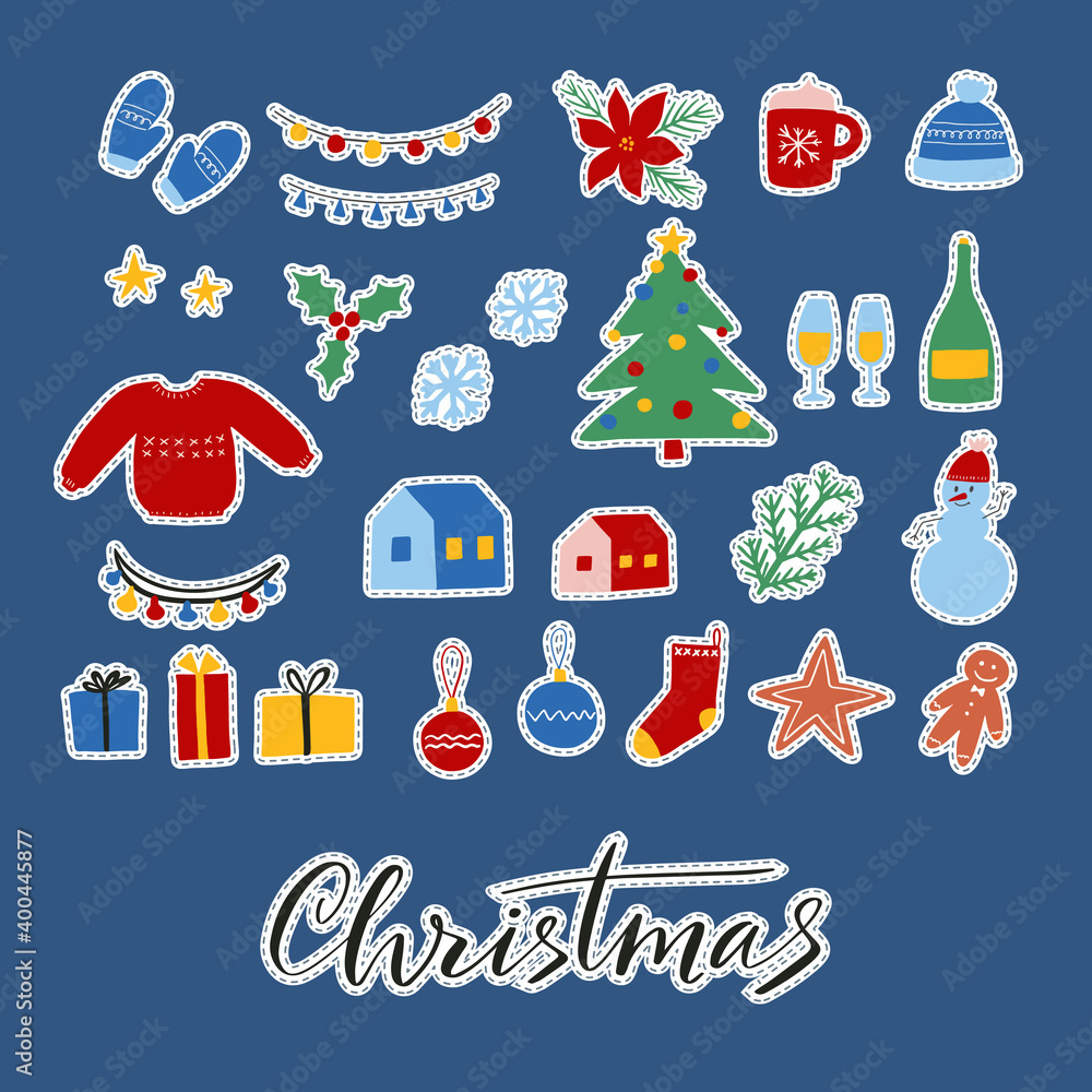 Christmas winter and New Year stickers set. Gingerbread, houses, gifts, balls, Christmas tree, mistletoe, stockings, sparkling wine, snowflakes etc. Vector illustration Christmas winter and New Year stickers set. Gingerbread, houses, gifts, balls, Christmas tree, mistletoe, stockings, sparkling wine, snowflakes etc. Vector illustration