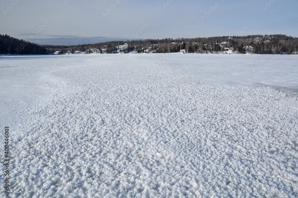 Winter landscape around a lake in Quebec, Canada, in December