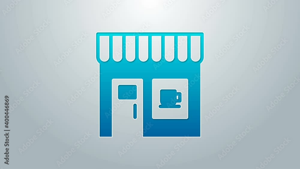 Blue line Coffee shop icon isolated on grey background. 4K Video motion graphic animation