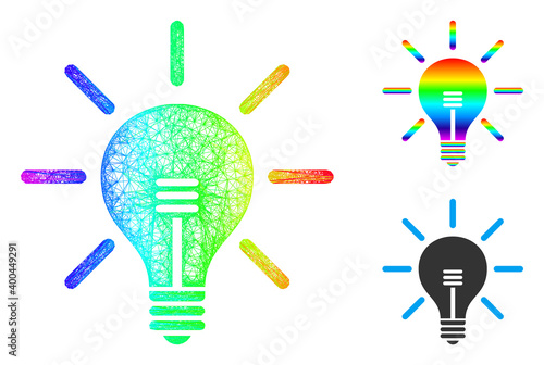 Rainbow vibrant net mesh light bulb, and solid rainbow gradient light bulb icon. Linear carcass 2D net geometric symbol based on light bulb icon, generated from crossed lines.