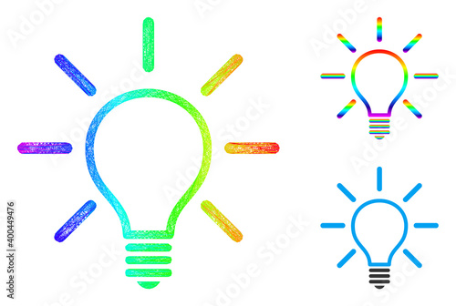 Spectral colorful crossing mesh light bulb, and solid spectral gradient light bulb icon. Hatched frame 2D net geometric symbol based on light bulb icon, generated with crossing lines.