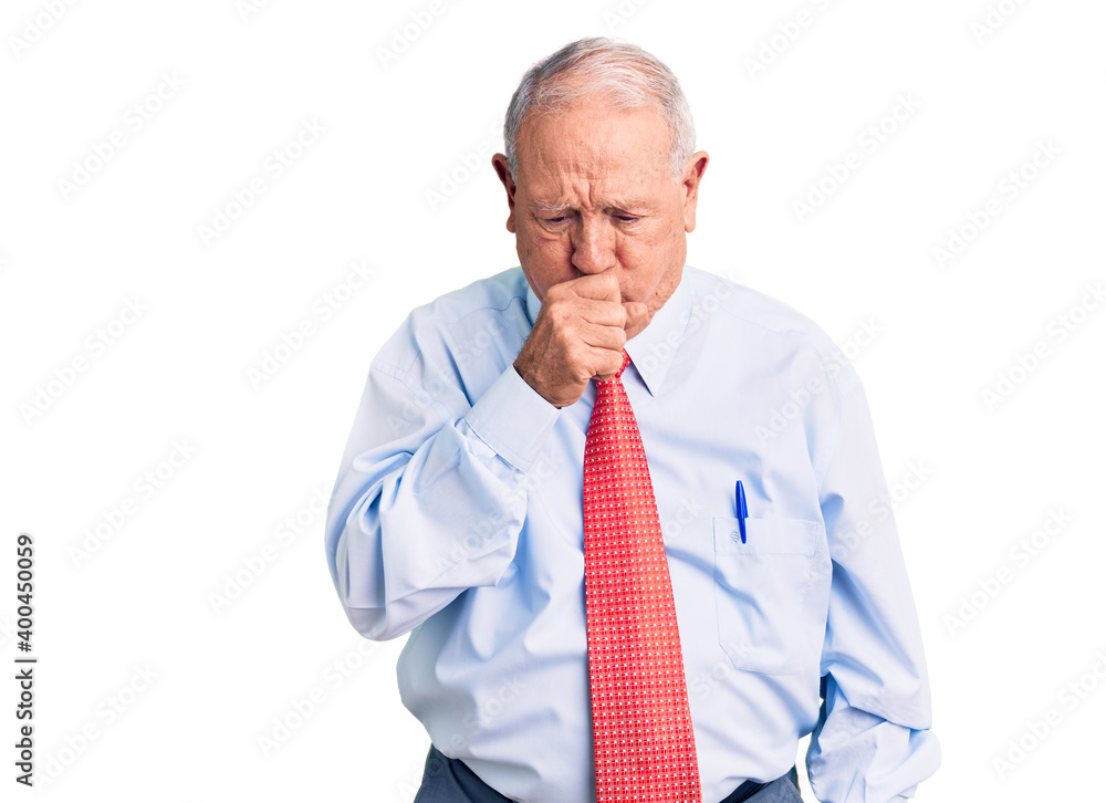 Senior handsome grey-haired man wearing elegant tie and shirt feeling unwell and coughing as symptom for cold or bronchitis. health care concept. Senior handsome grey-haired man wearing elegant tie and shirt feeling unwell and coughing as symptom for cold or bronchitis. health care concept.