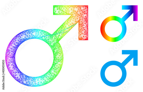 Rainbow colored wire frame male symbol, and solid rainbow gradient male symbol icon. Linear frame 2D network geometric symbol based on male symbol icon, made from crossing lines.