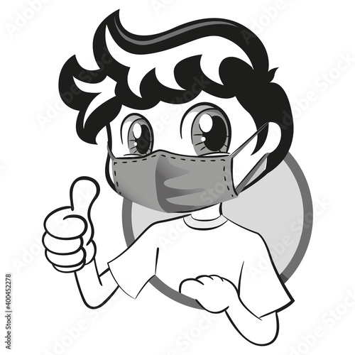 Illustration depicting a student child wearing a mask due to respiratory problems. Ideal for medical, institutional and educational subjects