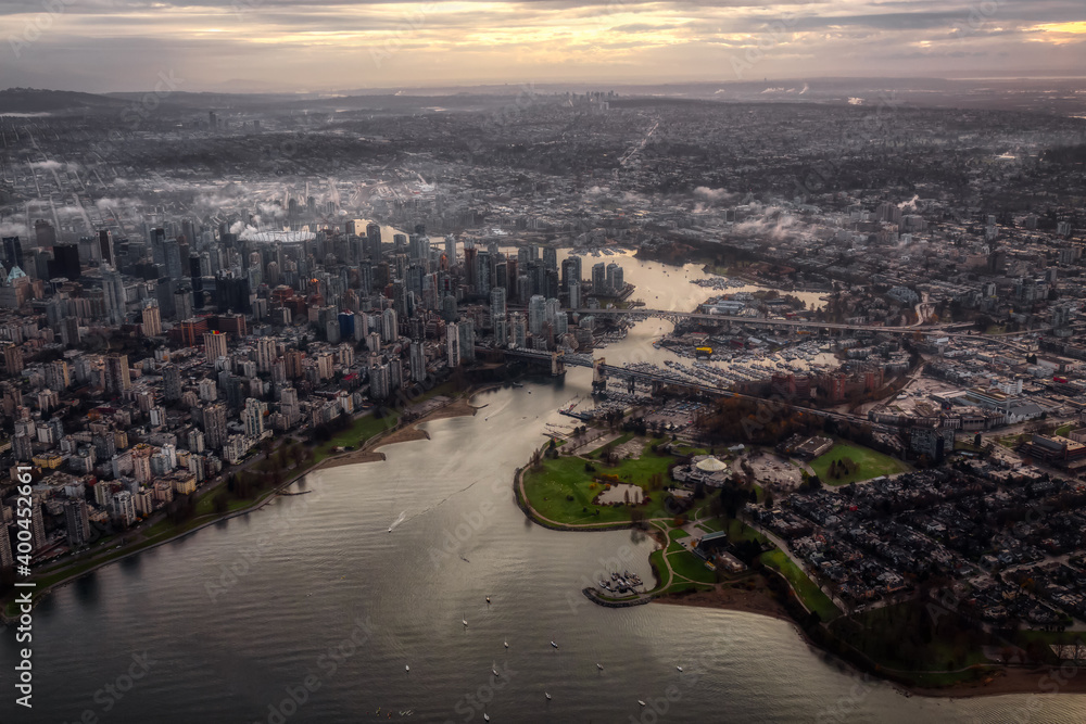 Downtown Vancouver, British Columbia, Canada. Aerial View of the Modern Urban City, Kitsilano and False Creek. Viewed from Airplane Above. Colorful Sunset Artistic Render