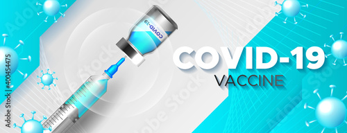 Coronavirus banner with vaccine bottle and syringe
