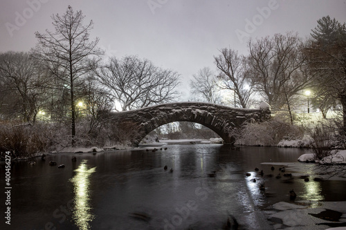 Fototapeta Naklejka Na Ścianę i Meble -  A Gapstow Bridge is covered in snow near the Pond in Central Park