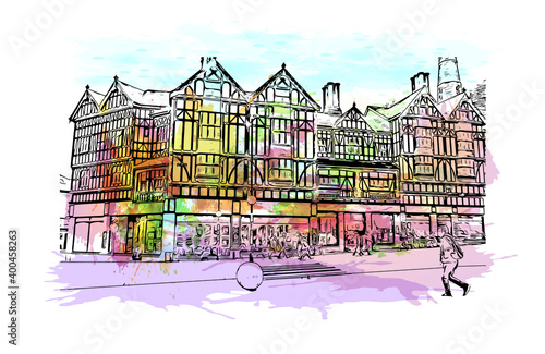 Building view with landmark of Coventry is a city in central England. Watercolour splash with hand drawn sketch illustration in vector.