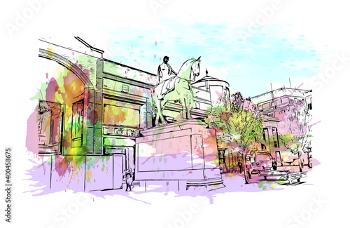 Building view with landmark of Coventry is a city in central England. Watercolour splash with hand drawn sketch illustration in vector.