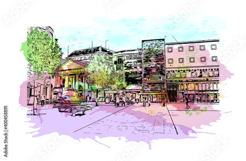 Building view with landmark of Coventry is a city in central England. Watercolour splash with hand drawn sketch illustration in vector.