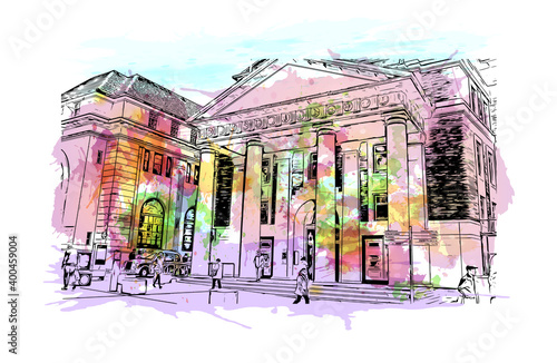 Building view with landmark of Coventry is a city in central England. Watercolour splash with hand drawn sketch illustration in vector.