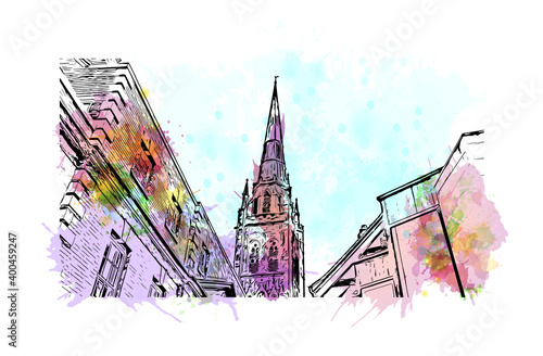 Building view with landmark of Coventry is a city in central England. Watercolour splash with hand drawn sketch illustration in vector. photo