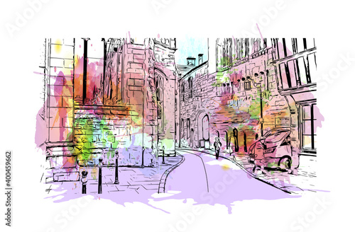 Building view with landmark of Coventry is a city in central England. Watercolour splash with hand drawn sketch illustration in vector.