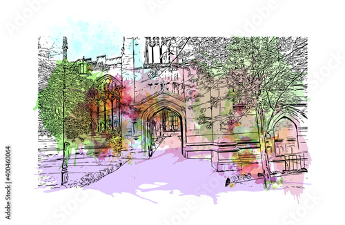 Building view with landmark of Coventry is a city in central England. Watercolour splash with hand drawn sketch illustration in vector.