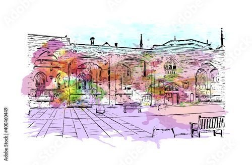 Building view with landmark of Coventry is a city in central England. Watercolour splash with hand drawn sketch illustration in vector.