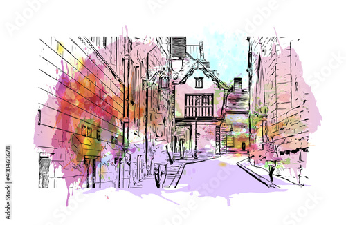 Building view with landmark of Coventry is a city in central England. Watercolour splash with hand drawn sketch illustration in vector. photo