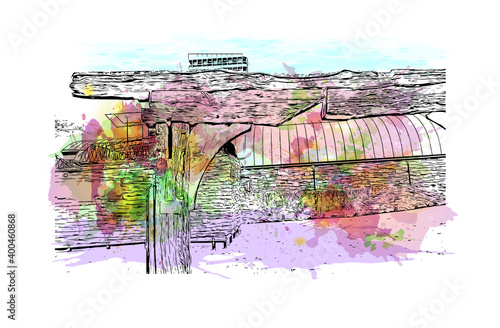 Building view with landmark of Coventry is a city in central England. Watercolour splash with hand drawn sketch illustration in vector.