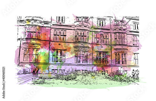 Building view with landmark of Coventry is a city in central England. Watercolour splash with hand drawn sketch illustration in vector.
