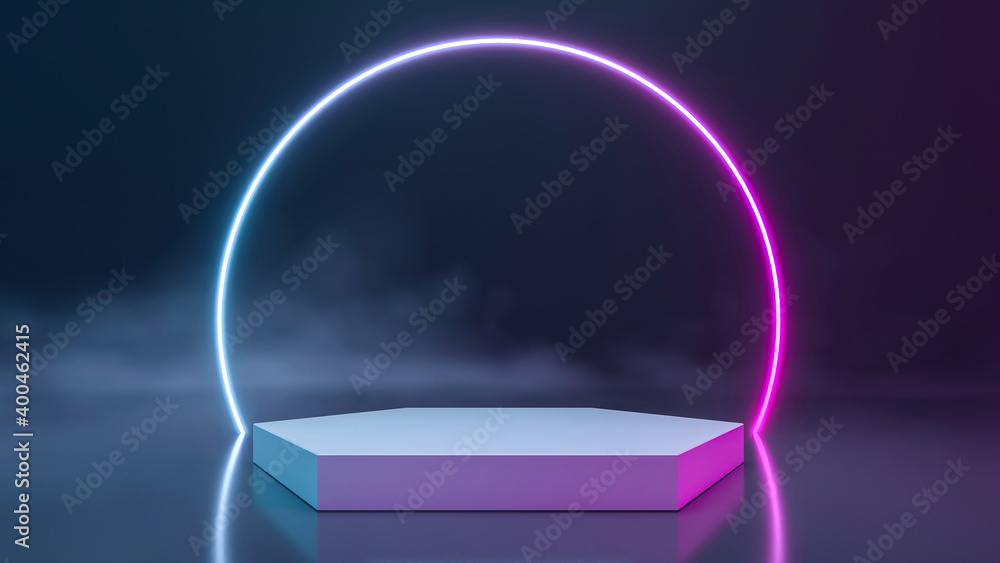 Empty podium for products display with smoke and neon light background. 3d rendering