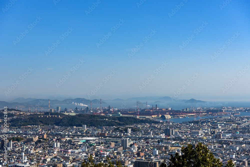 Fukuyama City seen from the top of the mountain. (Residential and industrial area)