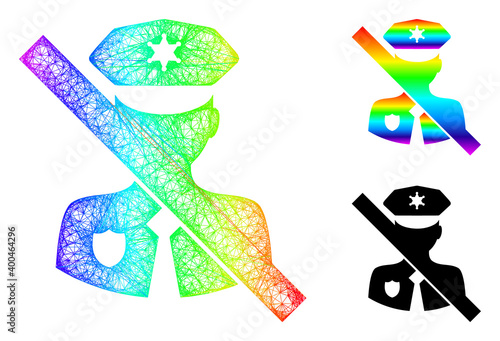 Spectral colorful wire frame no police guard, and solid spectral gradient no police guard icon. Crossed frame 2D network abstract symbol based on no police guard icon, is generated with crossed lines.