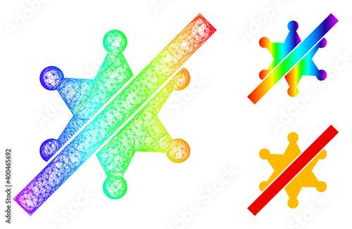 Spectrum colorful network no sheriff star, and solid spectrum gradient no sheriff star icon. Crossed carcass flat net abstract image based on no sheriff star icon, is generated with crossed lines.