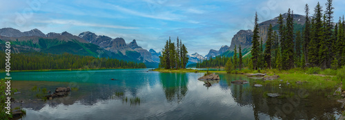 Panorama Canada forest landscape of Spirit Island with big mountain in the background, Alberta, Canada.