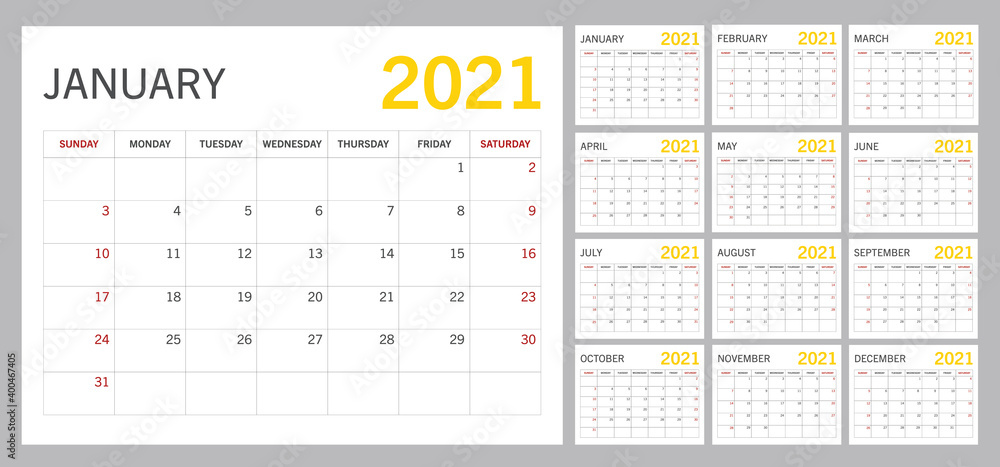 2021 Minimalist Calendar Template. The Week Starts on Sunday. Vector Illustration of 12 Months.
