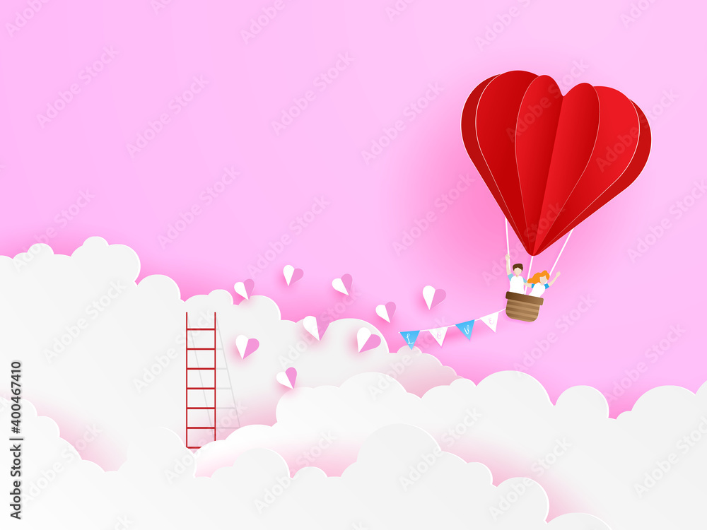 love couple flying with red  heart shape balloon