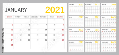 2021 Minimalist Calendar Template. The Week Starts on Sunday. Vector Illustration of 12 Months.