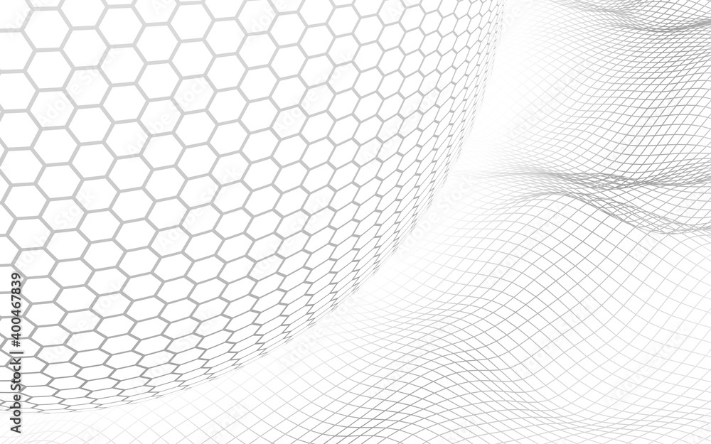 Obraz premium Abstract landscape on a white background with white honeycomb sphere. Cyberspace grid. hi tech network. 3d illustration