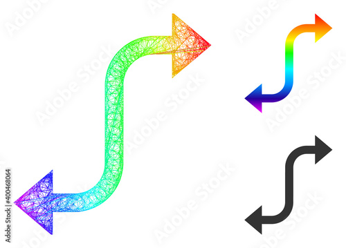 Spectral vibrant crossing mesh opposite bend arrow, and solid spectral gradient opposite bend arrow icon. Crossed carcass 2D net geometric symbol based on opposite bend arrow icon,