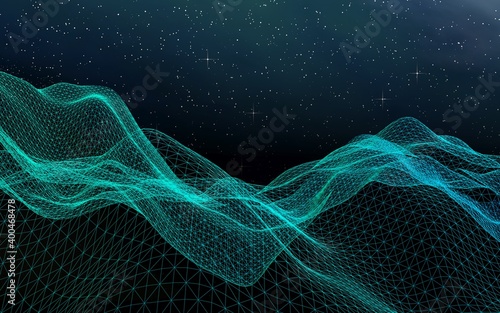 Abstract landscape on a dark background. Cyberspace grid. hi tech network. Outer space. Starry outer space texture. 3D illustration