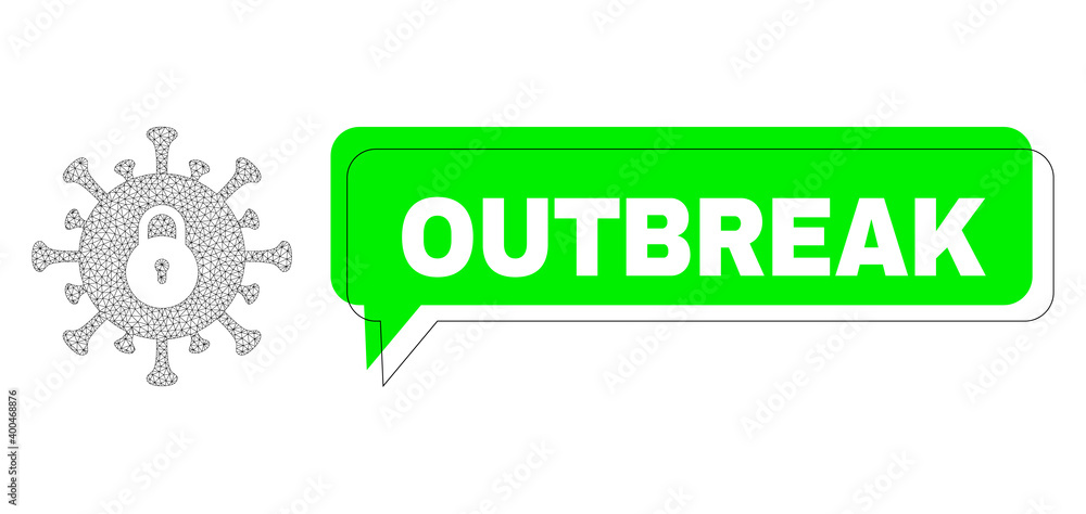 Shifted Outbreak green phrase balloon and outbreak lockdown mesh composition. Vector flat outbreak lockdown, designed with flat mesh. Green conversation includes Outbreak caption inside black frame, Shifted Outbreak green phrase balloon and outbreak lockdown mesh composition. Vector flat outbreak lockdown, designed with flat mesh. Green conversation includes Outbreak caption inside black frame,