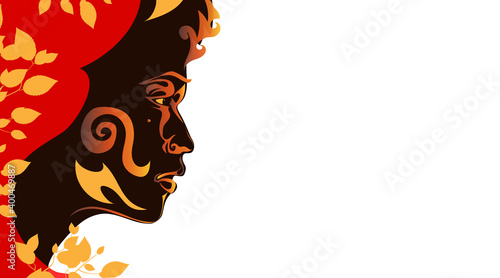 Spring portrait beautiful African woman. Dark skinned girl silhouette isolated on white background. in the leafy decor. Template brochure backdrop. Vector illustration