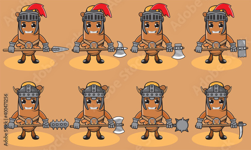 Illustration vector graphic cartoon character of cute Turmeric knight. Cute and funny fruit set. Two handed weapons and hand down pose set.Good for icon, logo, label,sticker, clipart. © Heru