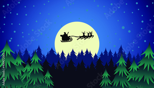 forest at night and when it snows. The moon was a large circle, with a blue sky filled with falling snow.