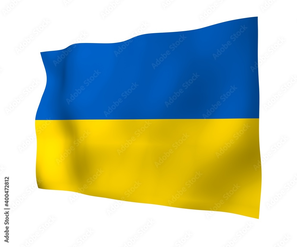 The flag of Ukraine on a white background. National flag and state ensign. Blue and yellow bicolour. 3D illustration waving flag The flag of Ukraine on a white background. National flag and state ensign. Blue and yellow bicolour. 3D illustration waving flag